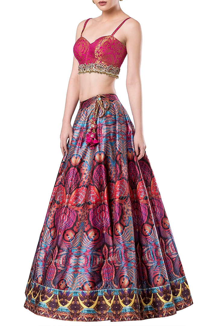 Multicolored embroidered crop top with lehenga skirt available only at Pernia's Pop Up Shop.