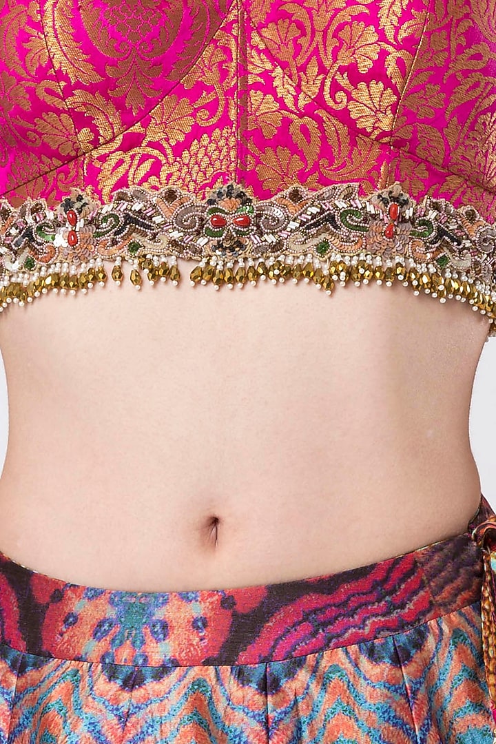 Multicolored embroidered crop top with lehenga skirt available only at Pernia's Pop Up Shop.