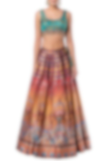 Multicolored embroidered crop top with printed skirt by Rocky Star