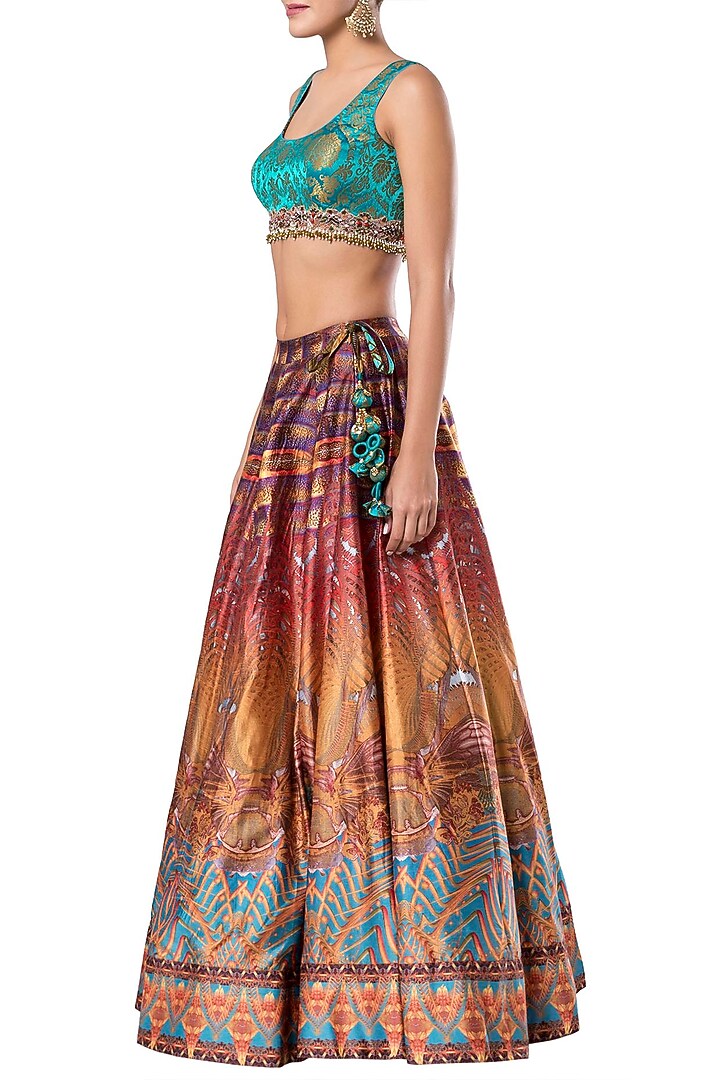 Multicolored embroidered crop top with printed skirt available only at Pernia's Pop Up Shop.