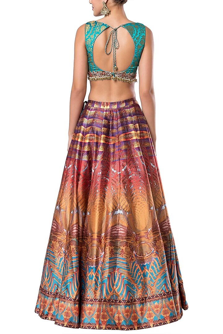 Multicolored embroidered crop top with printed skirt available only at Pernia's Pop Up Shop.