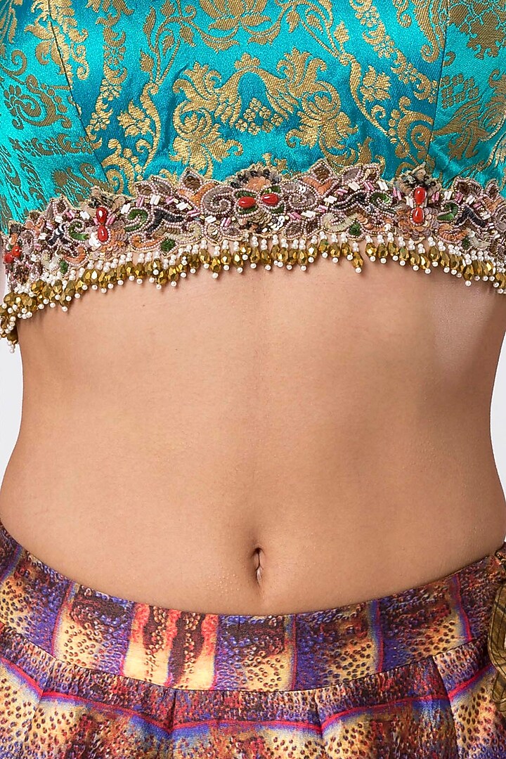 Multicolored embroidered crop top with printed skirt available only at Pernia's Pop Up Shop.