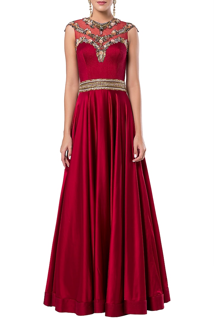 Dark red embroidered gown by Rocky Star