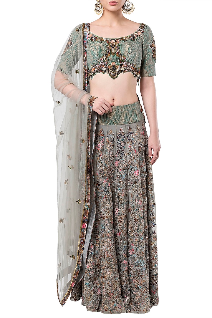 Grey embroidered lehenga set by Rocky Star