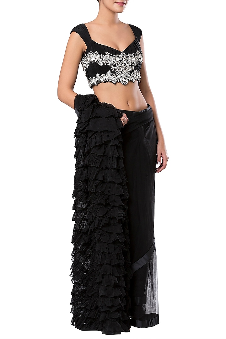 Black embroidered saree set by Rocky Star