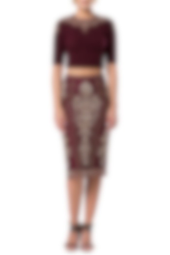 Maroon embroidered pencil skirt by Rocky Star