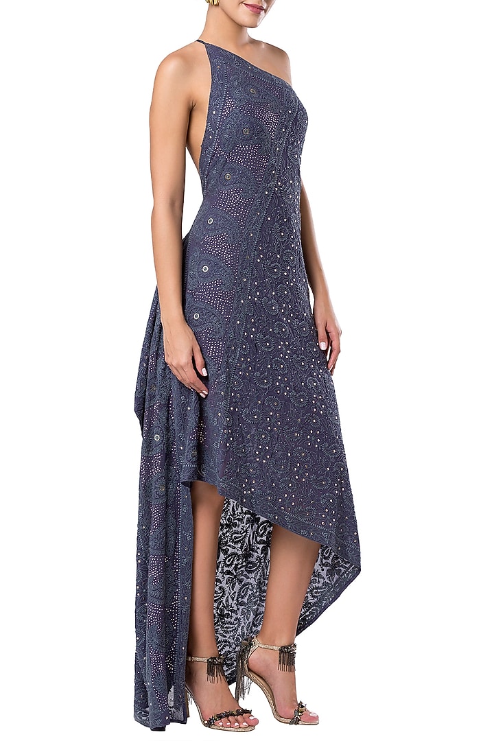 Blue embroidered drape one shoulder Party Wear Dress by Rocky Star at Pernia's Pop Up Shop