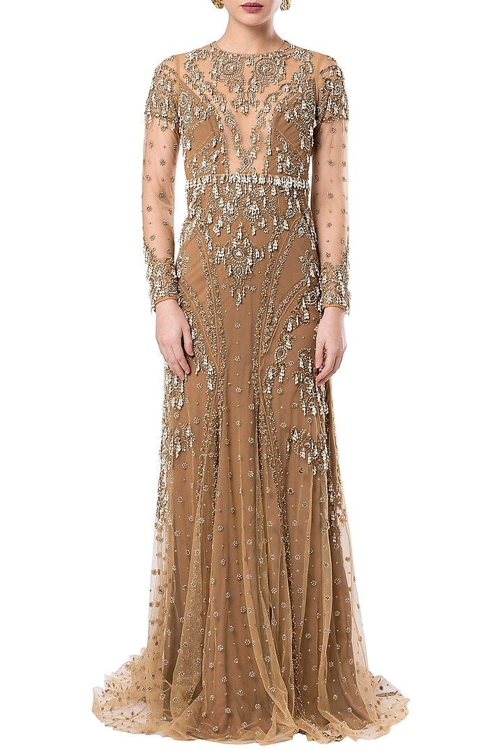 Beige embroidered full sleeves gown by Rocky Star