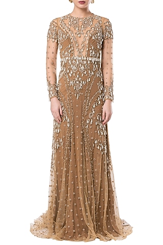 Beige embroidered full sleeves gown by Rocky Star