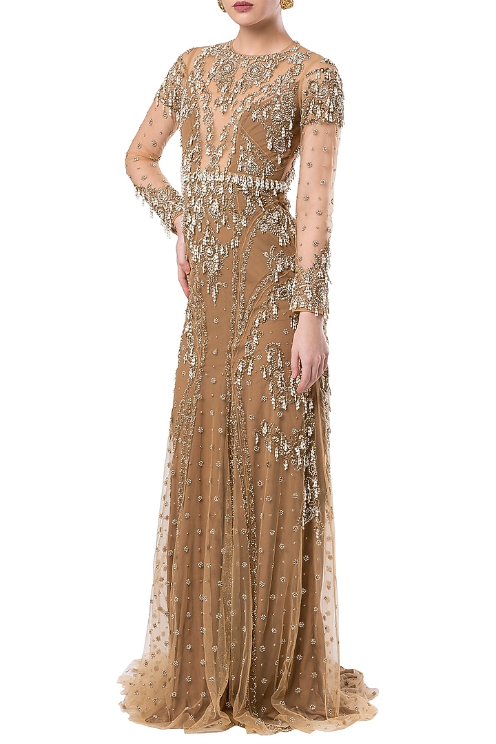 Beige embroidered full sleeves gown by Rocky Star at Pernia's Pop Up Shop
