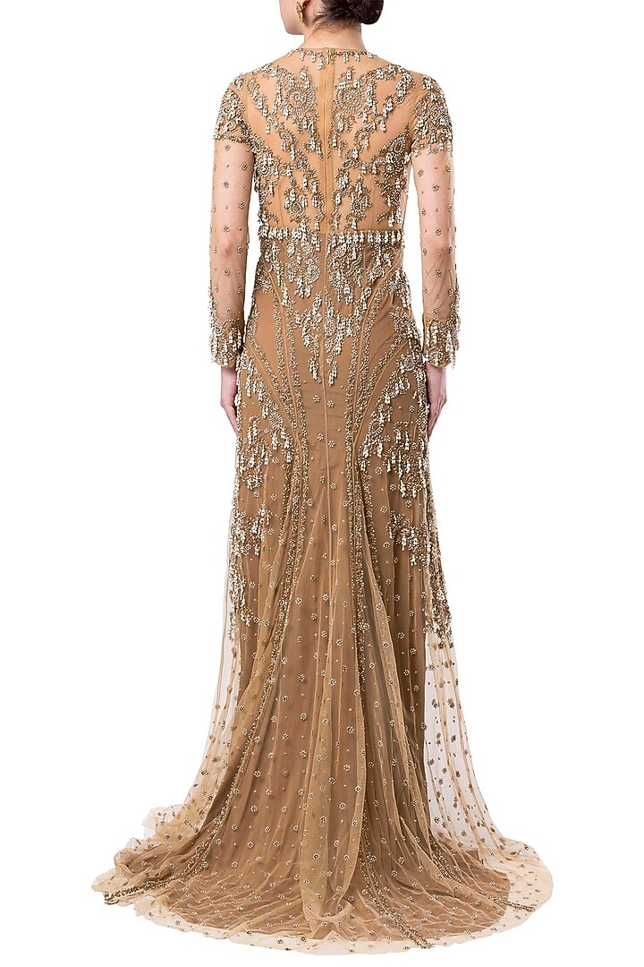 Beige embroidered full sleeves gown by Rocky Star at Pernia's Pop Up Shop