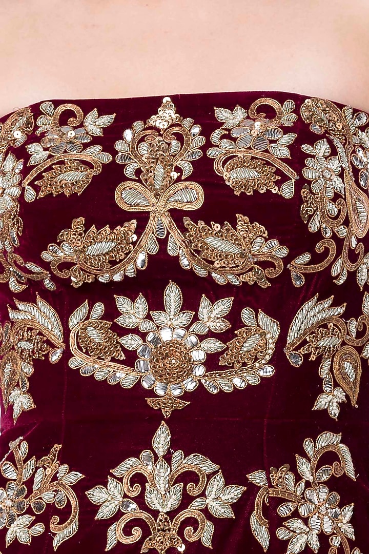 Maroon embroidered strapless Party Wear Dress by Rocky Star at Pernia's Pop Up Shop