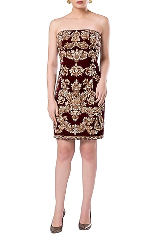 Maroon embroidered strapless dress by Rocky Star