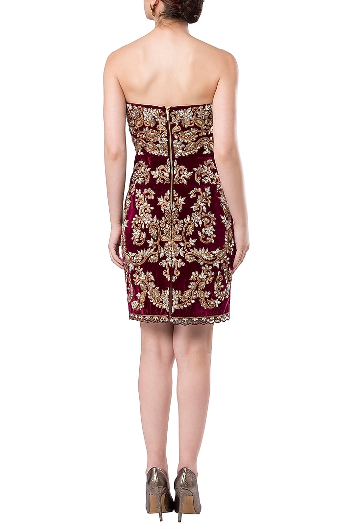 Maroon embroidered strapless Party Wear Dress by Rocky Star at Pernia's Pop Up Shop