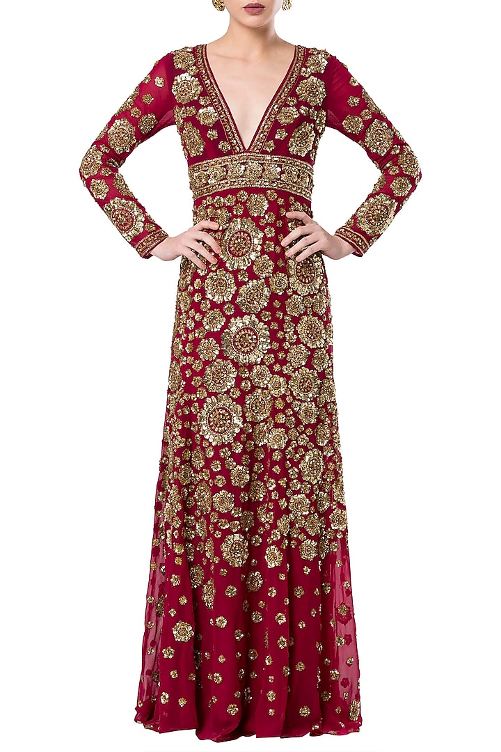 Red embroidered gown by Rocky Star