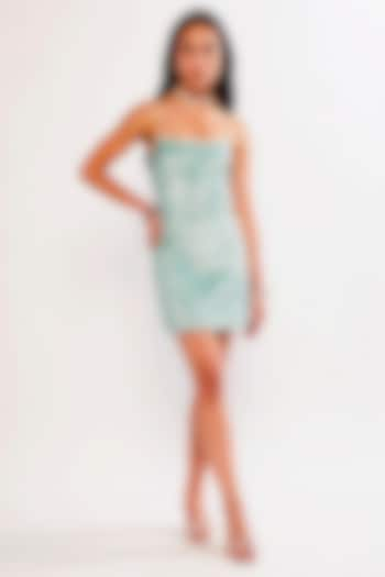 Aqua Stretch Satin Hand Embroidered Mini Dress by Realm by Vaishali at Pernia's Pop Up Shop