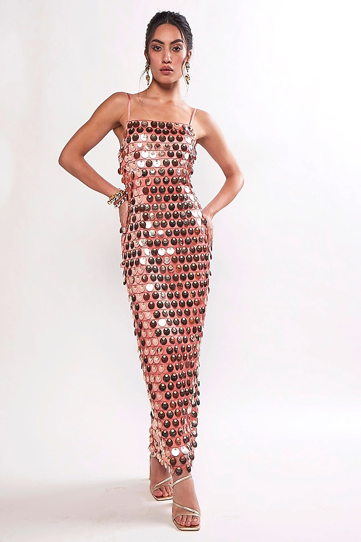 Orange Hard Net Metallic Sequins Hand Embellished Maxi Dress by Realm by Vaishali at Pernia's Pop Up Shop