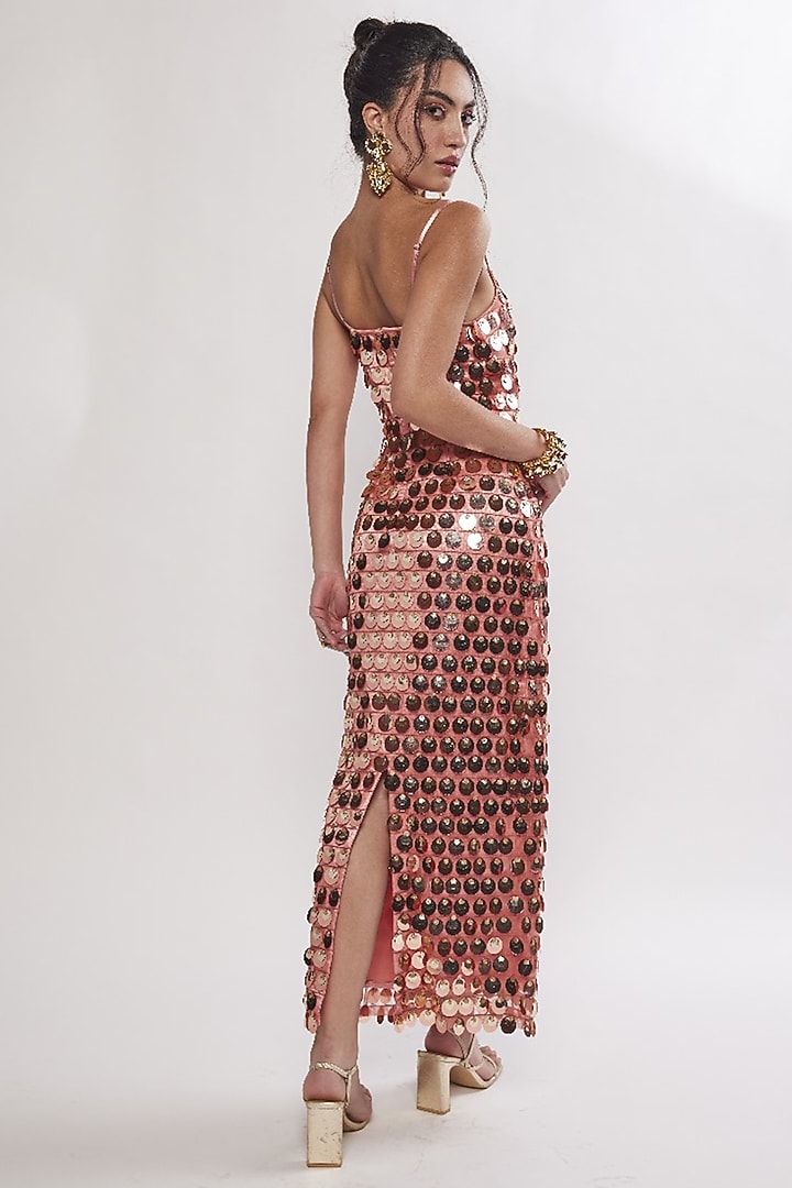Orange Hard Net Metallic Sequins Hand Embellished Maxi Vacation Dress by Realm by Vaishali at Pernia's Pop Up Shop