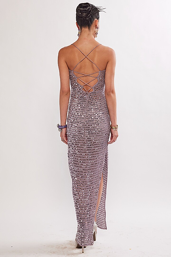 Lilac Polyester Hand-Crocheted Maxi Cocktail Dress by Realm by Vaishali at Pernia's Pop Up Shop
