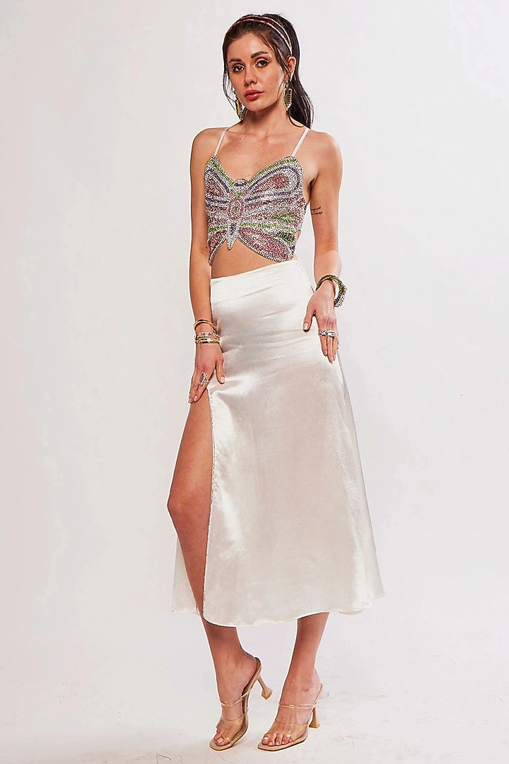Green Cotton & Viscose Satin Rhinestone Embroidered Crop Top by Realm by Vaishali at Pernia's Pop Up Shop