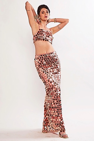 Orange Hard Net Metallic Sequins Hand Embellished Co-Ord Set by Realm by Vaishali