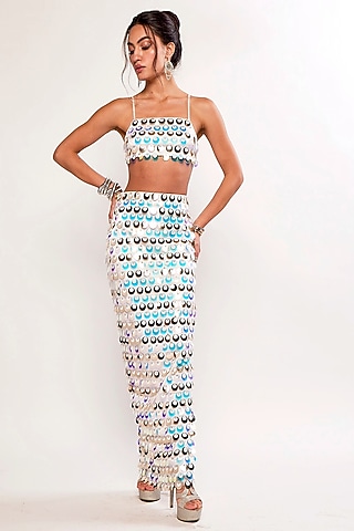 White Hard Net Metallic Sequins Hand Embellished Co-Ord Set by Realm by Vaishali