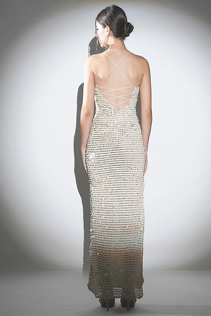 Ivory Polyester Maxi Crochet Cocktail Dress by Realm by Vaishali at Pernia's Pop Up Shop