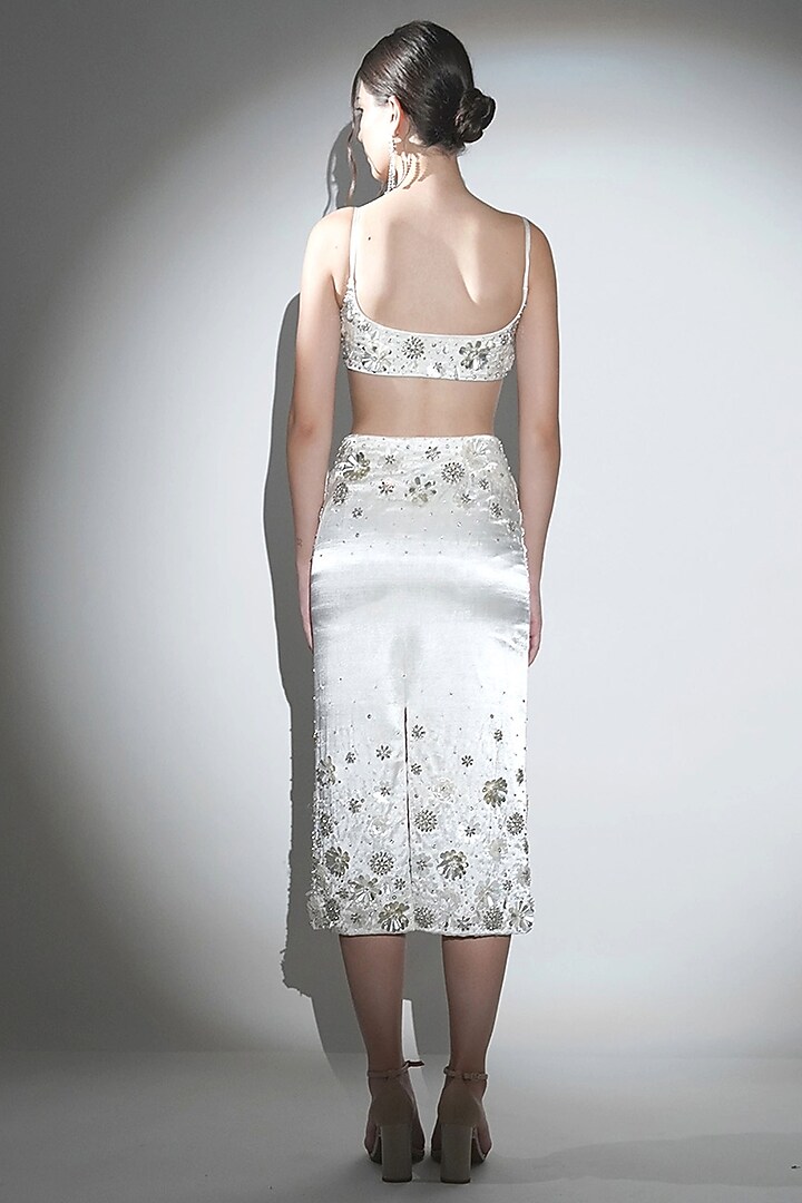 White Cotton Satin Hand Embellished Skirt Set by Realm by Vaishali at Pernia's Pop Up Shop