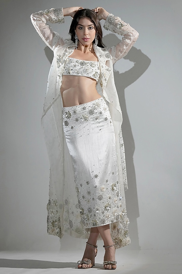 White Cotton Satin & Satin Organza Hand Embellished Skirt Set by Realm by Vaishali at Pernia's Pop Up Shop