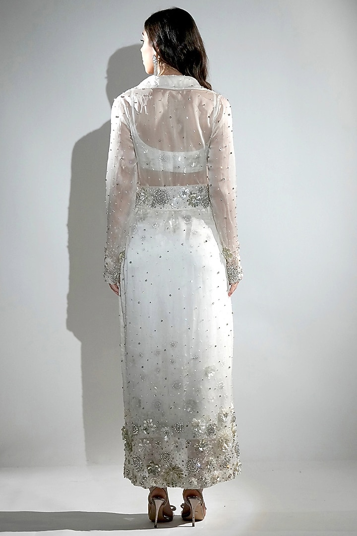White Cotton Satin & Satin Organza Hand Embellished Skirt Set by Realm by Vaishali at Pernia's Pop Up Shop