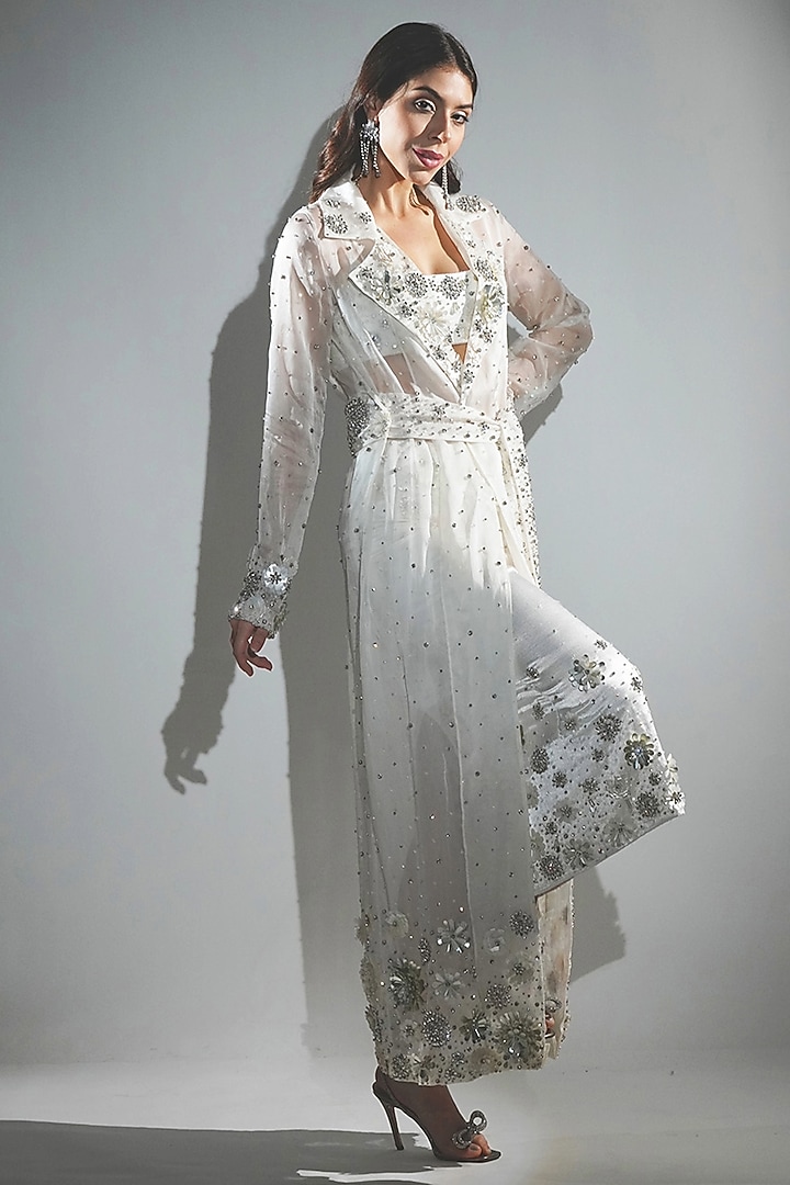 White Cotton Satin & Satin Organza Hand Embellished Skirt Set by Realm by Vaishali at Pernia's Pop Up Shop