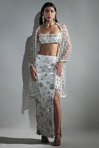 White Cotton Satin & Satin Organza Hand Embellished Skirt Set by Realm by Vaishali