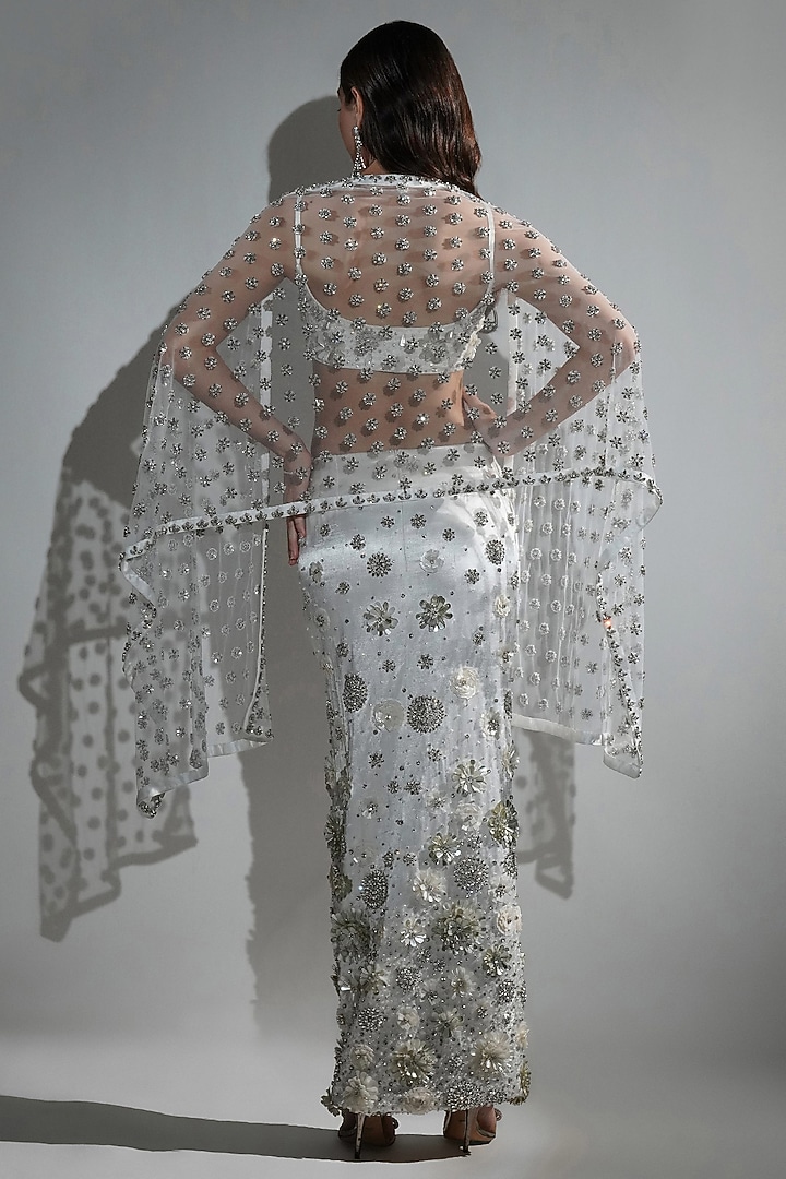 White Cotton Satin & Satin Organza Hand Embellished Skirt Set by Realm by Vaishali at Pernia's Pop Up Shop