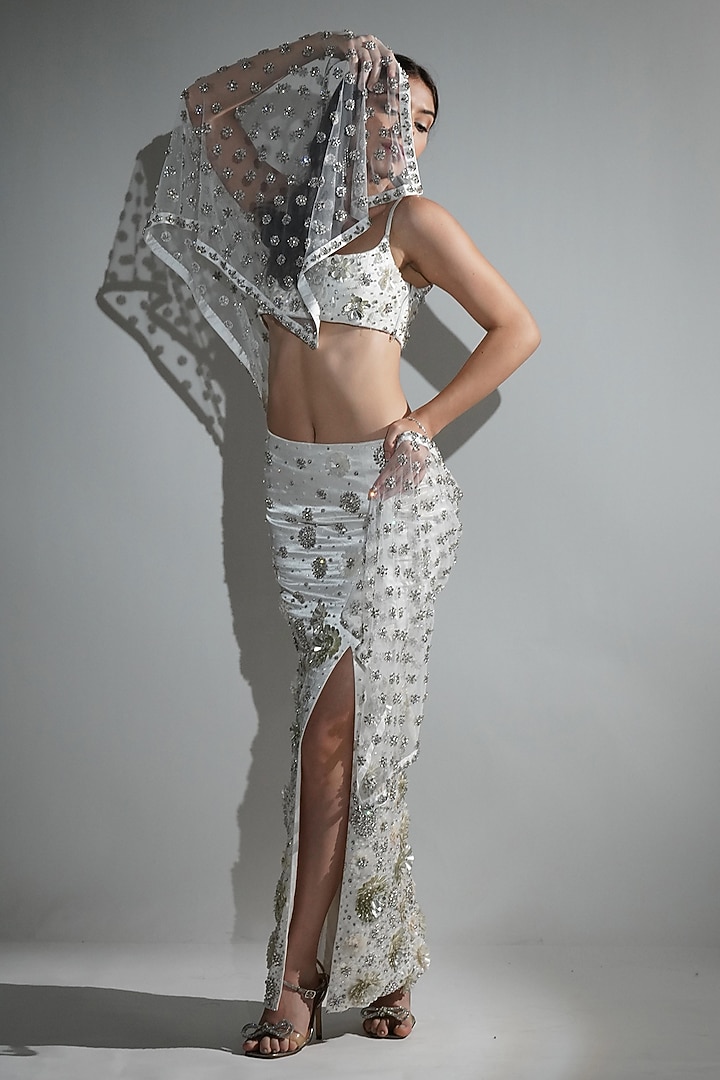 White Cotton Satin & Satin Organza Hand Embellished Skirt Set by Realm by Vaishali at Pernia's Pop Up Shop
