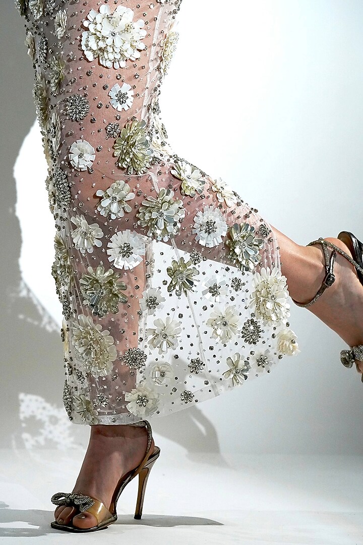 White Polyester & Net Hand Embellished Maxi Party Wear Dress by Realm by Vaishali at Pernia's Pop Up Shop