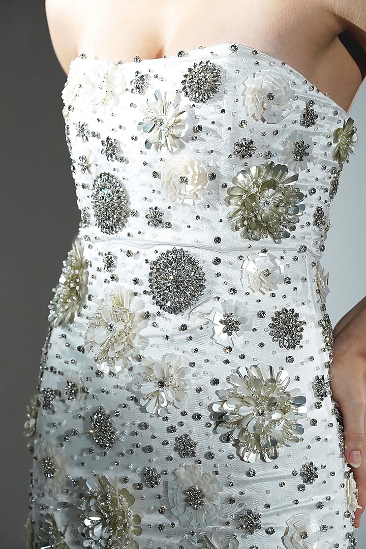 White Polyester & Net Hand Embellished Maxi Party Wear Dress by Realm by Vaishali at Pernia's Pop Up Shop