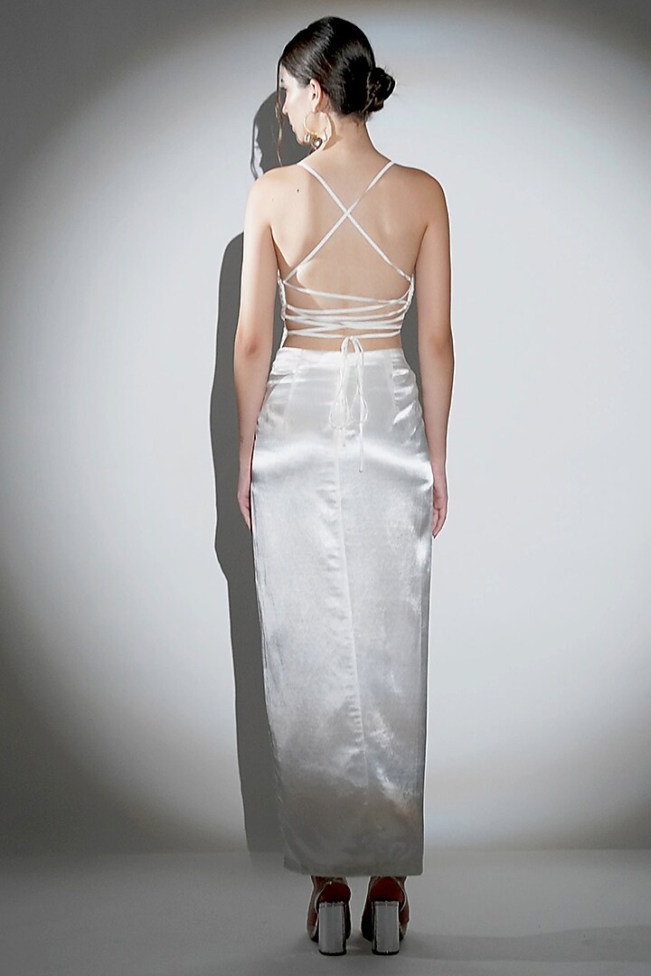 White Cotton & Viscose Satin Hand Embroidered Asymmetric Crop Top by Realm by Vaishali at Pernia's Pop Up Shop