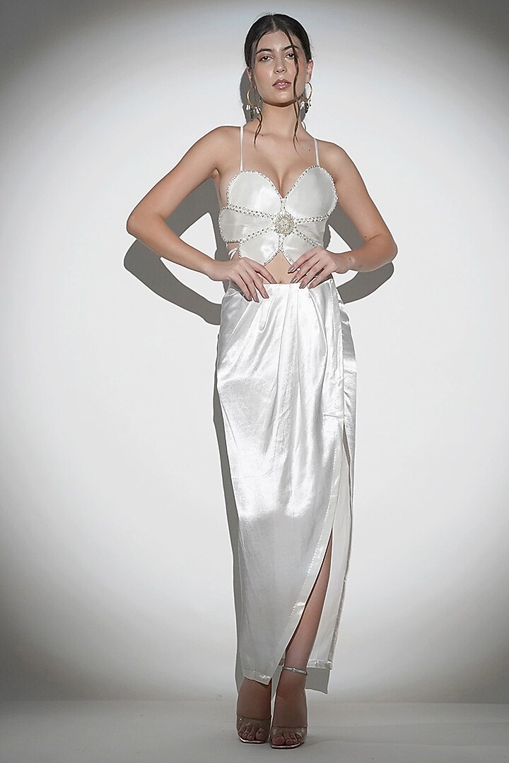 White Cotton & Viscose Satin Hand Embroidered Asymmetric Crop Top by Realm by Vaishali at Pernia's Pop Up Shop