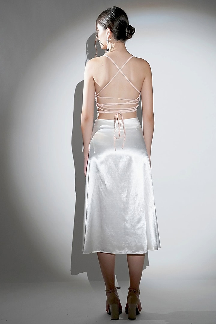 Salmon Peach Cotton & Viscose Satin Hand Embroidered Asymmetric Crop Top by Realm by Vaishali at Pernia's Pop Up Shop