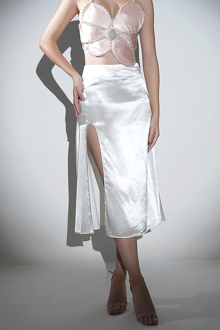 Salmon Peach Cotton & Viscose Satin Hand Embroidered Asymmetric Crop Top by Realm by Vaishali at Pernia's Pop Up Shop