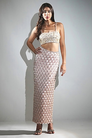 Salmon Peach Cotton Satin Hand Embroidered Maxi Dress by Realm by Vaishali