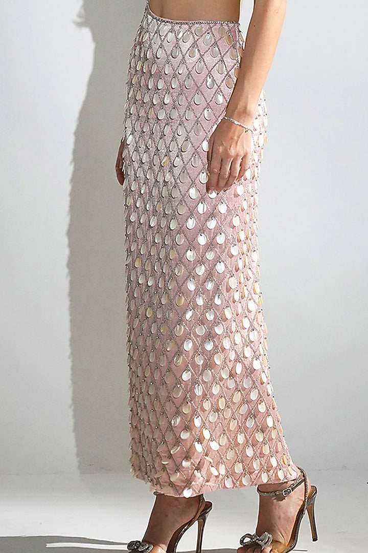 Salmon Peach Cotton Satin Hand Embroidered Maxi Party Wear Dress by Realm by Vaishali at Pernia's Pop Up Shop