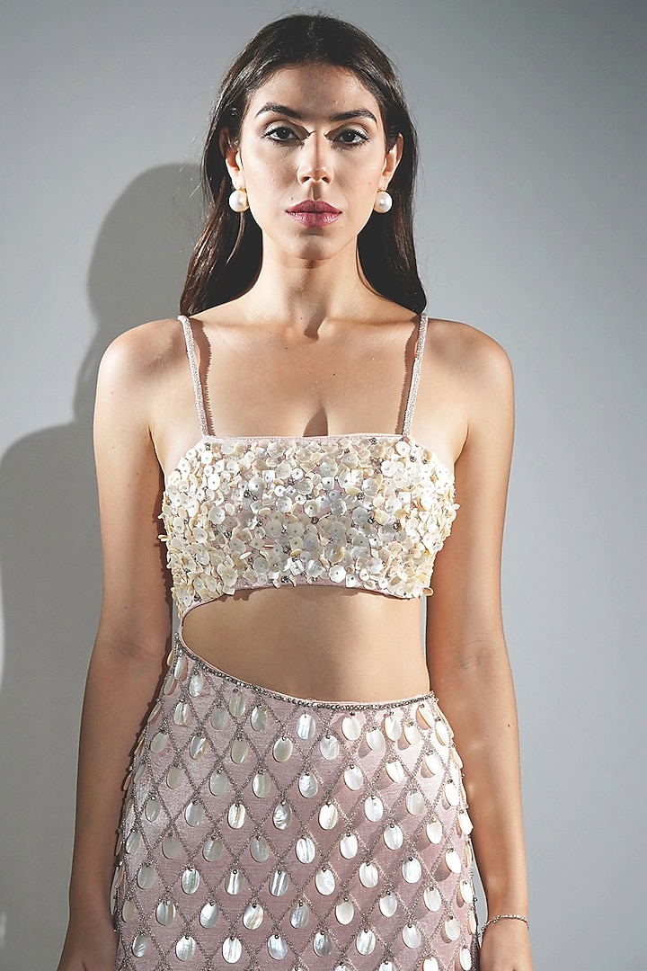 Salmon Peach Cotton Satin Hand Embroidered Maxi Party Wear Dress by Realm by Vaishali at Pernia's Pop Up Shop