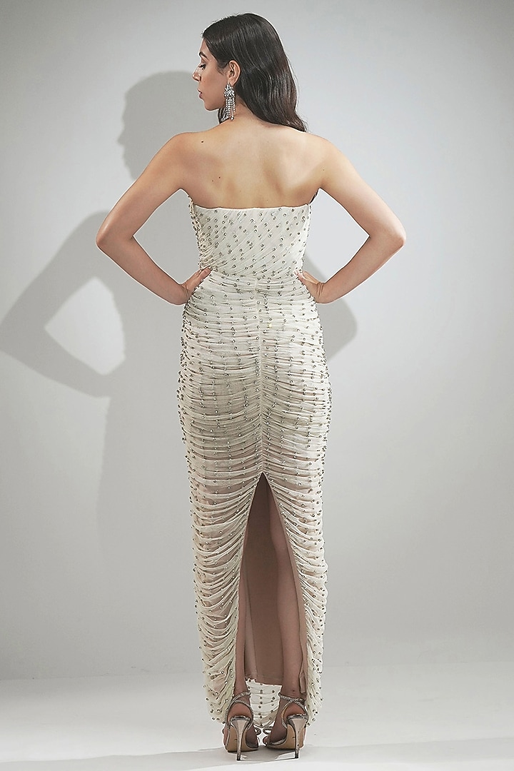 Off-White Shimmer Georgette Hand Embellished Draped Maxi Party Wear Dress by Realm by Vaishali at Pernia's Pop Up Shop