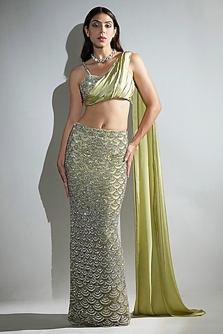 Matcha Green Polyester & Silk Embroidered Skirt Set by Realm by Vaishali