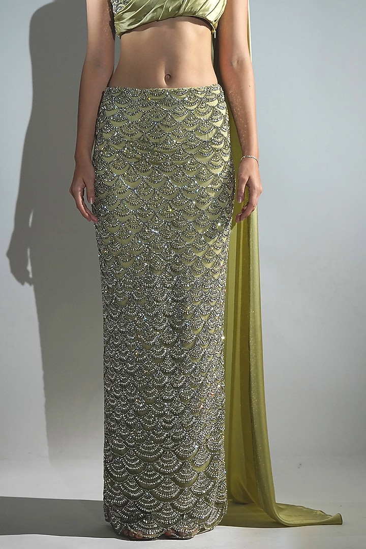 Matcha Green Polyester & Silk Embroidered Skirt Set by Realm by Vaishali at Pernia's Pop Up Shop