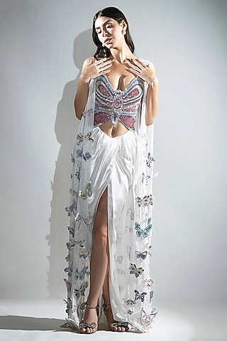 White Shimmer Georgette 3D Butterfly Hand Embellished Cape Set by Realm by Vaishali