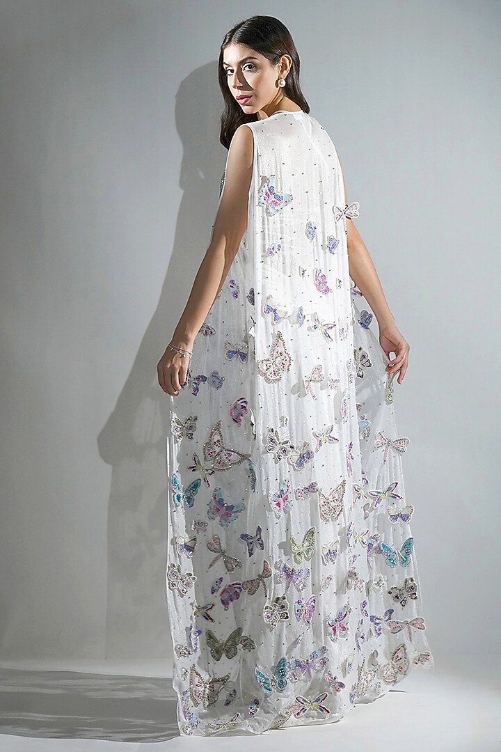 White Shimmer Georgette 3D Butterfly Hand Embellished Cape Set by Realm by Vaishali at Pernia's Pop Up Shop