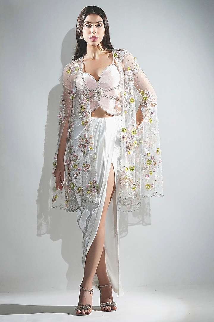 White Cotton & Polyester 3D Floral Hand Embroidered Cape Set by Realm by Vaishali at Pernia's Pop Up Shop