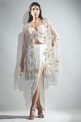 White Cotton & Polyester 3D Floral Hand Embroidered Cape Set by Realm by Vaishali